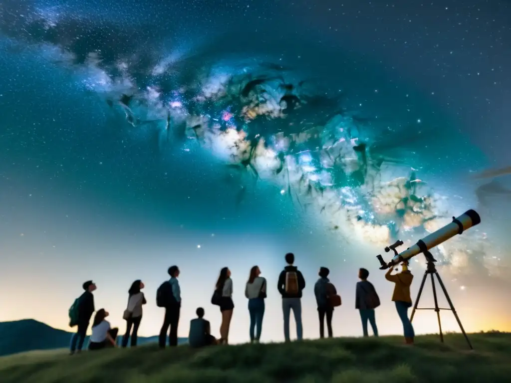 Fotografía astronómica para estudiantes: Noche estrellada vintage con telescopio y grupo admirando la belleza celestial