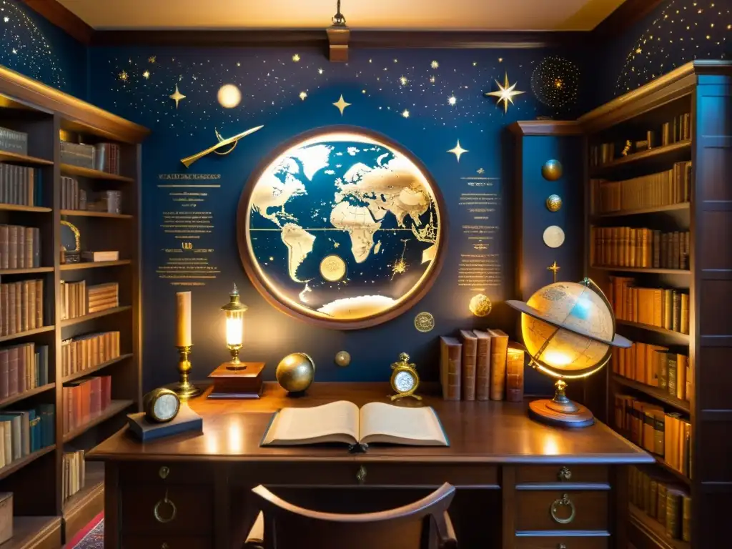 Estudio vintage con libros de astronomía, telescopio, globo terráqueo, escritorio antiguo y mapas celestes