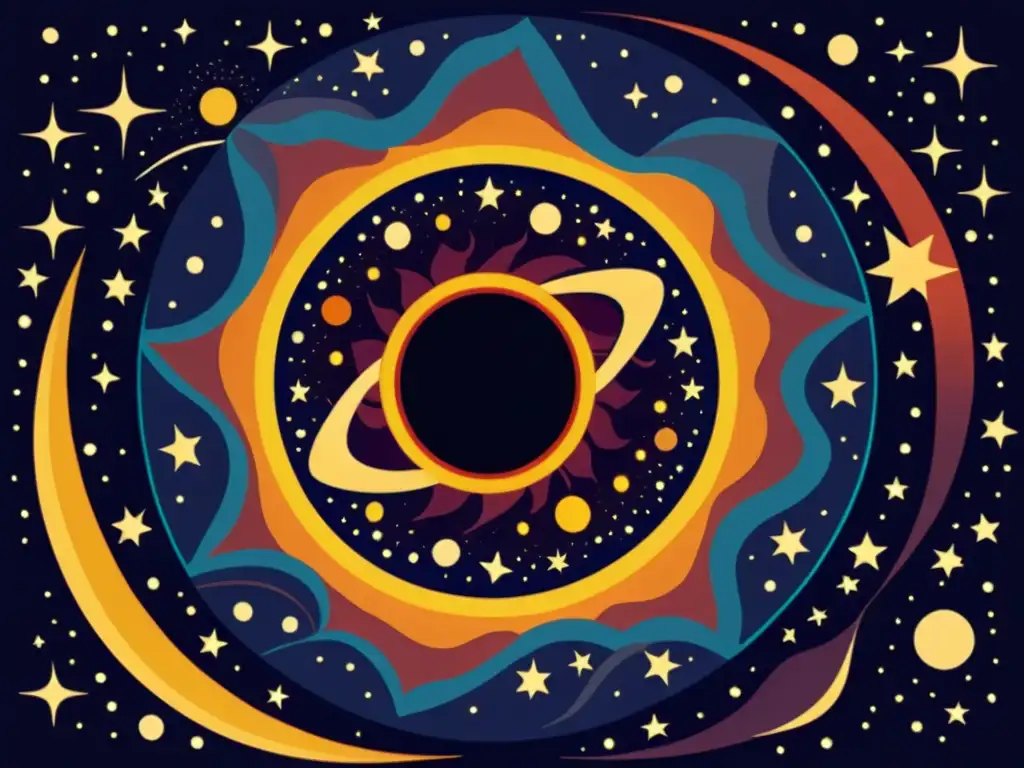 Ilustración vintage de un evento celestial, como un eclipse solar o un tránsito planetario, con detalles intrincados y colores profundos