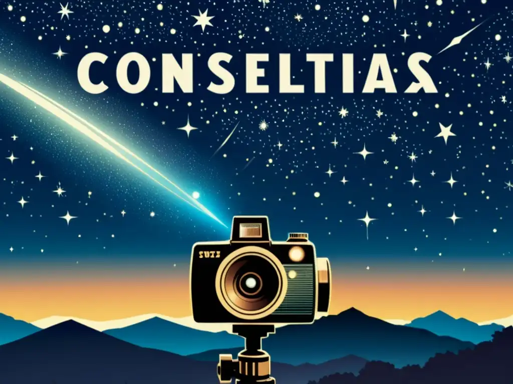 Un evocador póster de película vintage que muestra el cielo nocturno lleno de constelaciones, con una estrella fugaz destacada