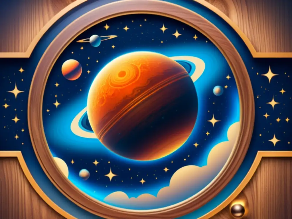 Planeta exótico en órbita de estrella vibrante Un exoplaneta azul y una estrella naranja brillante observados a través de un telescopio vintage
