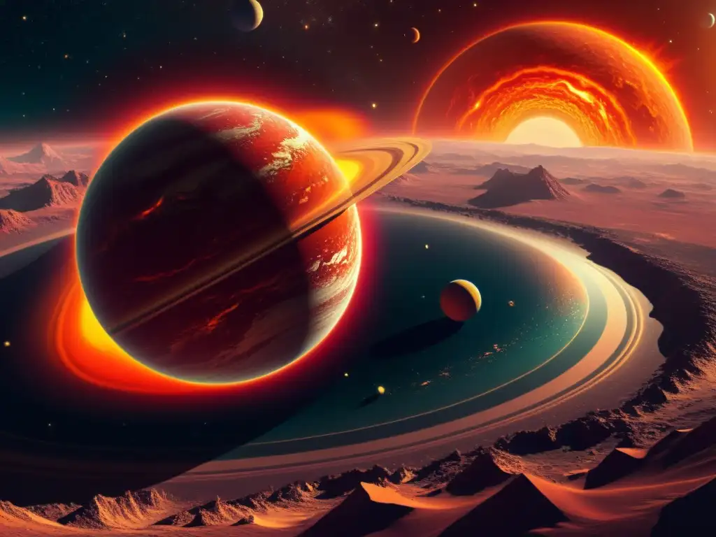 Planeta exótico en órbita estelar Un exoplaneta lejano orbita alrededor de una estrella vibrante, con montañas, cráteres y ríos