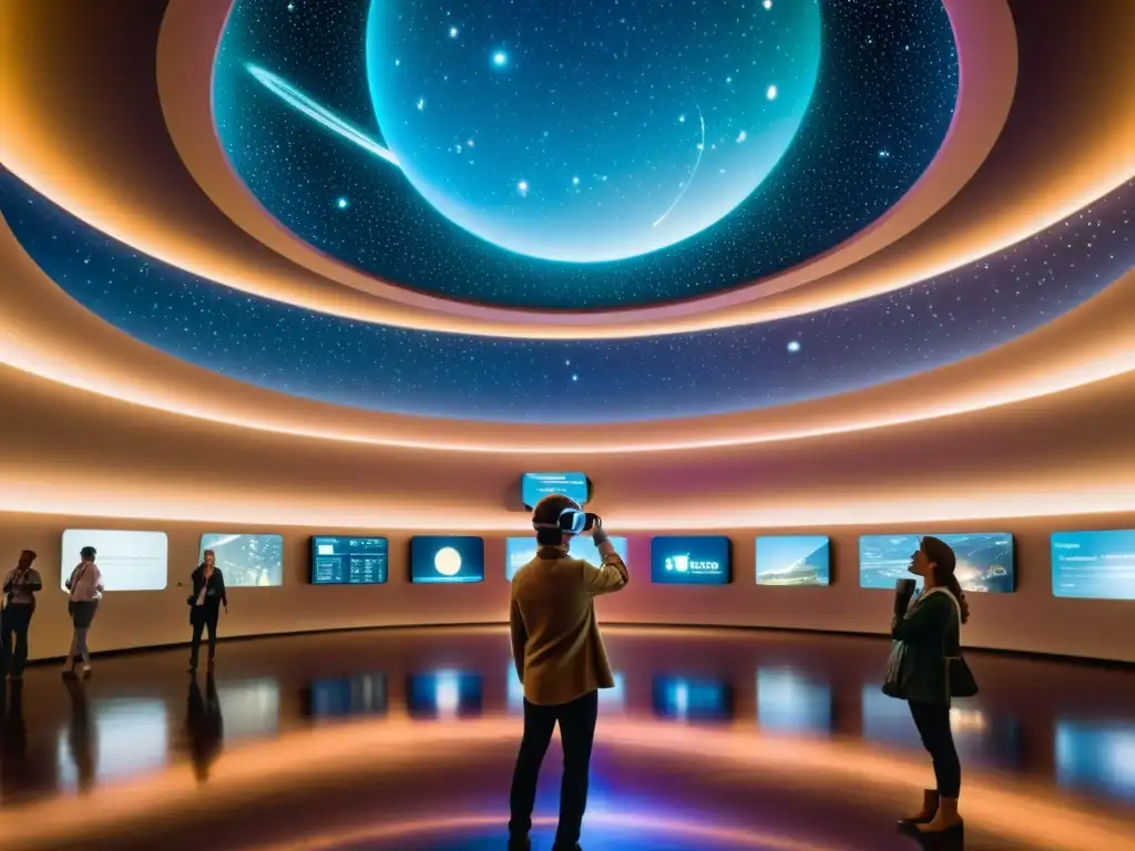 Experiencia inmersiva con constelaciones en un museo espacial futurista con realidad virtual y ambiente nostálgico