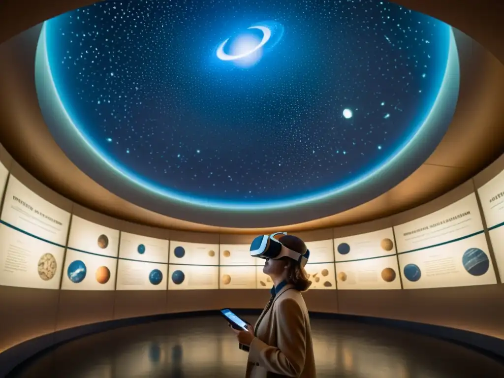 Experiencia inmersiva de constelaciones y realidad virtual en un museo futurista vintage con guía espacial y proyección holográfica de la Vía Láctea