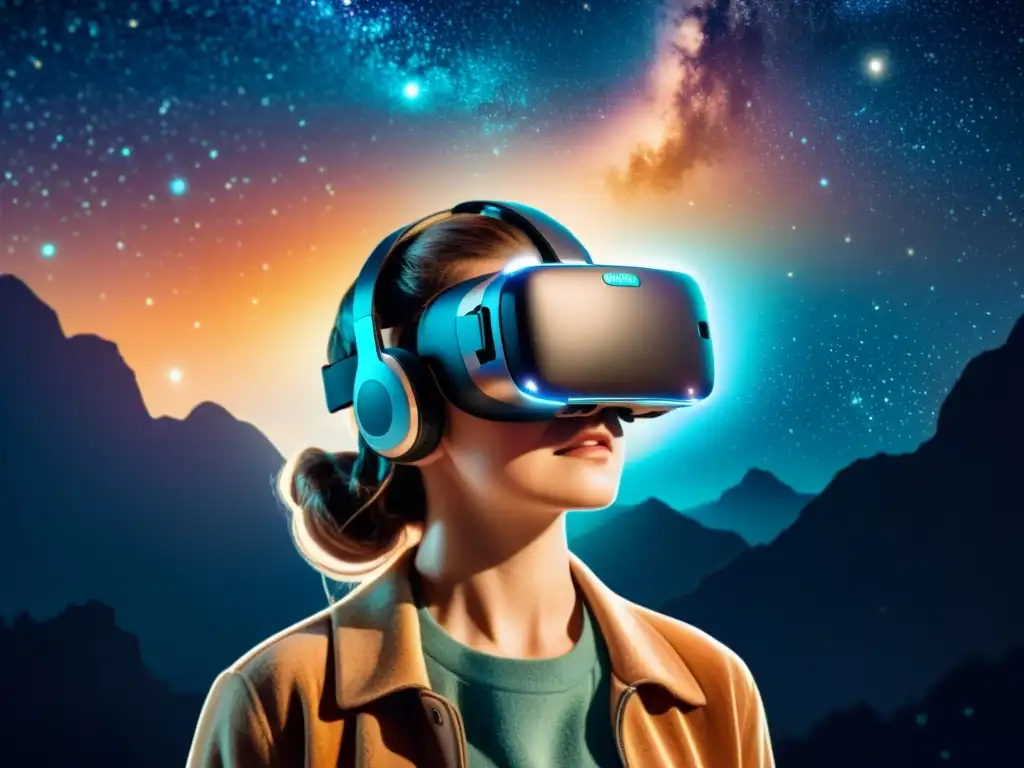 Experiencia de realidad virtual en astronomía amateur: ilustración vintage de persona en auriculares VR explorando el cosmos estrellado en 8k