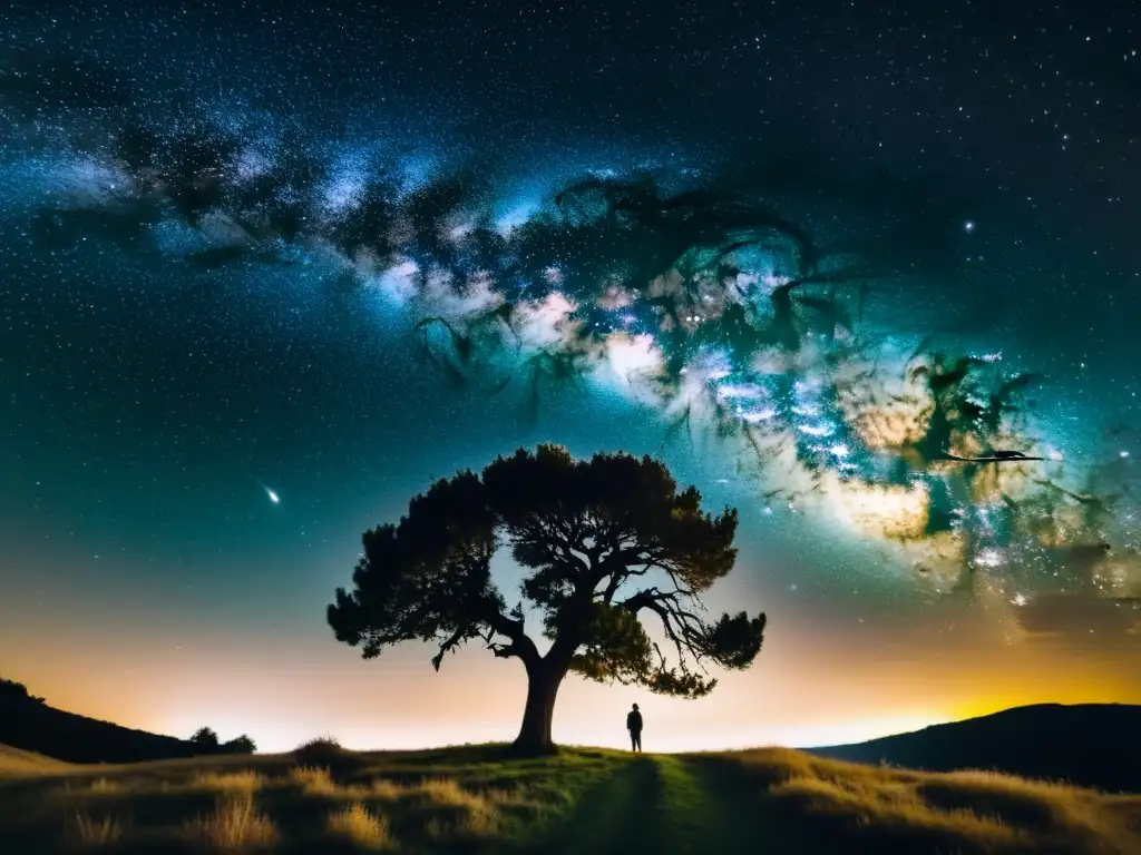 Fotografía celestial experta: impresionante panorama estrellado con la Vía Láctea y un solitario árbol en primer plano