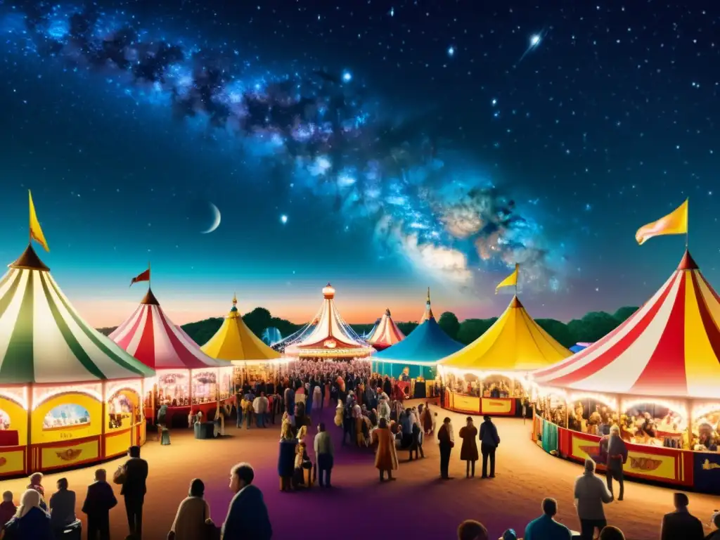 Expertos en charlas cósmicas en una feria, bajo un cielo estrellado, rodeados de luces y colores