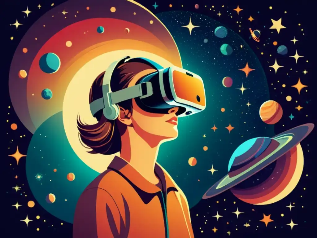 Exploración de la astronomía en realidad virtual, con una ilustración vintage de una persona maravillada entre estrellas, planetas y galaxias