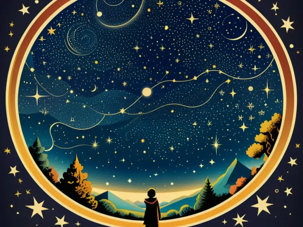 Exploración de constelaciones y mitología en una asombrosa ilustración vintage del cielo nocturno, repleta de estrellas detalladas