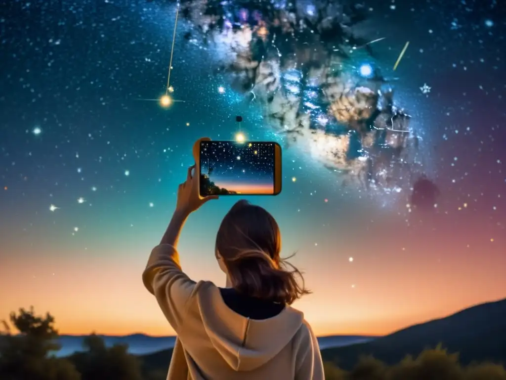 Exploración de constelaciones con realidad aumentada: Persona maravillada mirando el cielo estrellado a través de su smartphone vintage