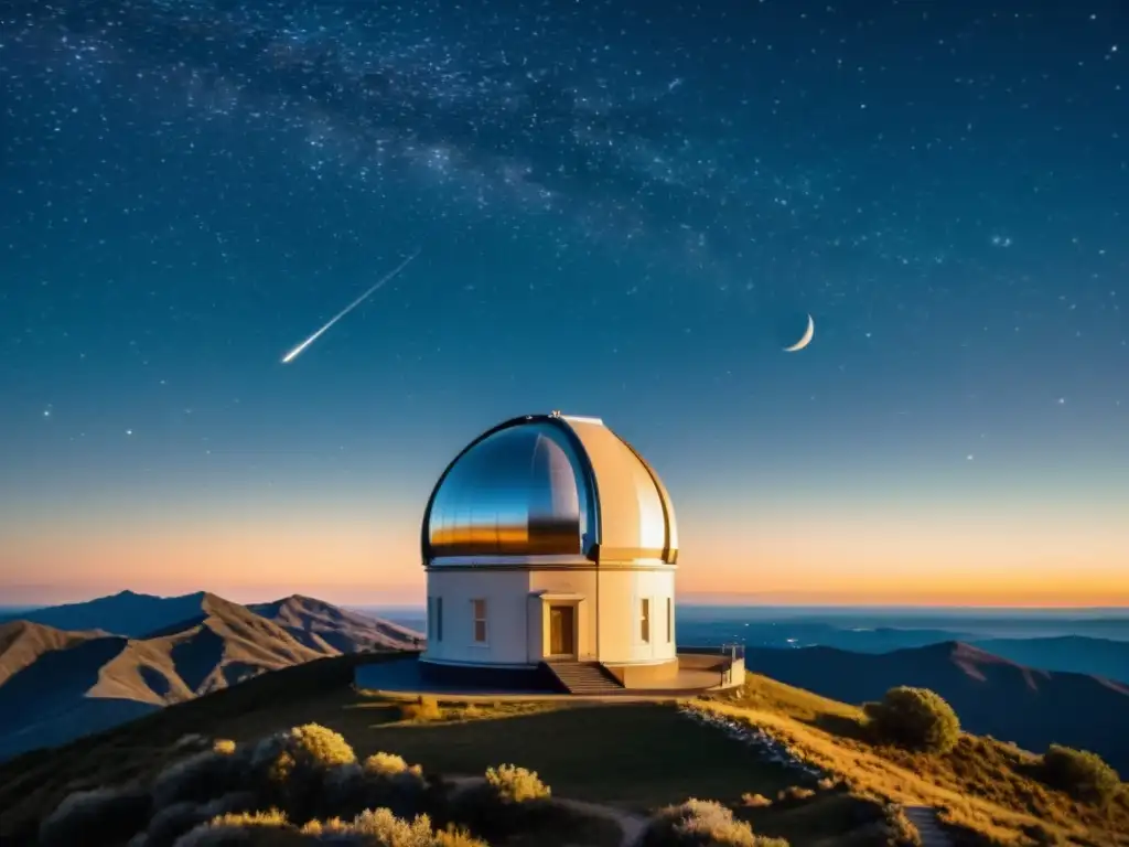 Una ilustración vintage de una exploración cósmica con telescopios controlados en un observatorio en la cima de una montaña bajo un cielo estrellado