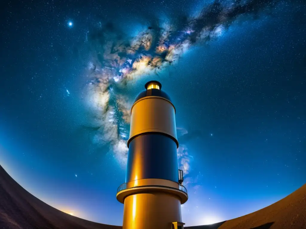 Exploración detallada de la Vía Láctea a través de un telescopio vintage, con el centro galáctico y brazos de estrellas