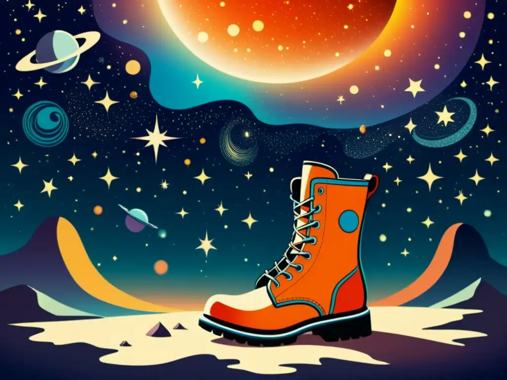 Un explorador cósmico con zapatos temáticos camina en un planeta lejano entre nebulosas y estrellas brillantes