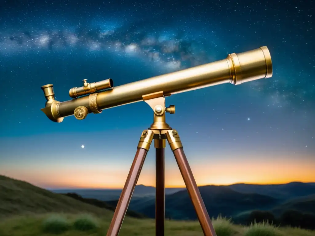 Explorador observa grandes eventos cósmicos a través de un telescopio antiguo bajo un cielo estrellado iluminado por la luz de las linternas