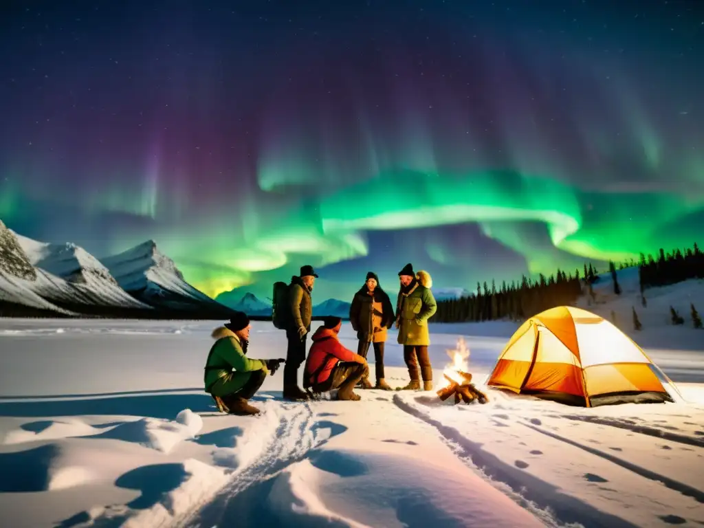 Exploradores planeando expediciones para cazar auroras boreales en un paisaje nevado, con la aurora boreal en el cielo nocturno