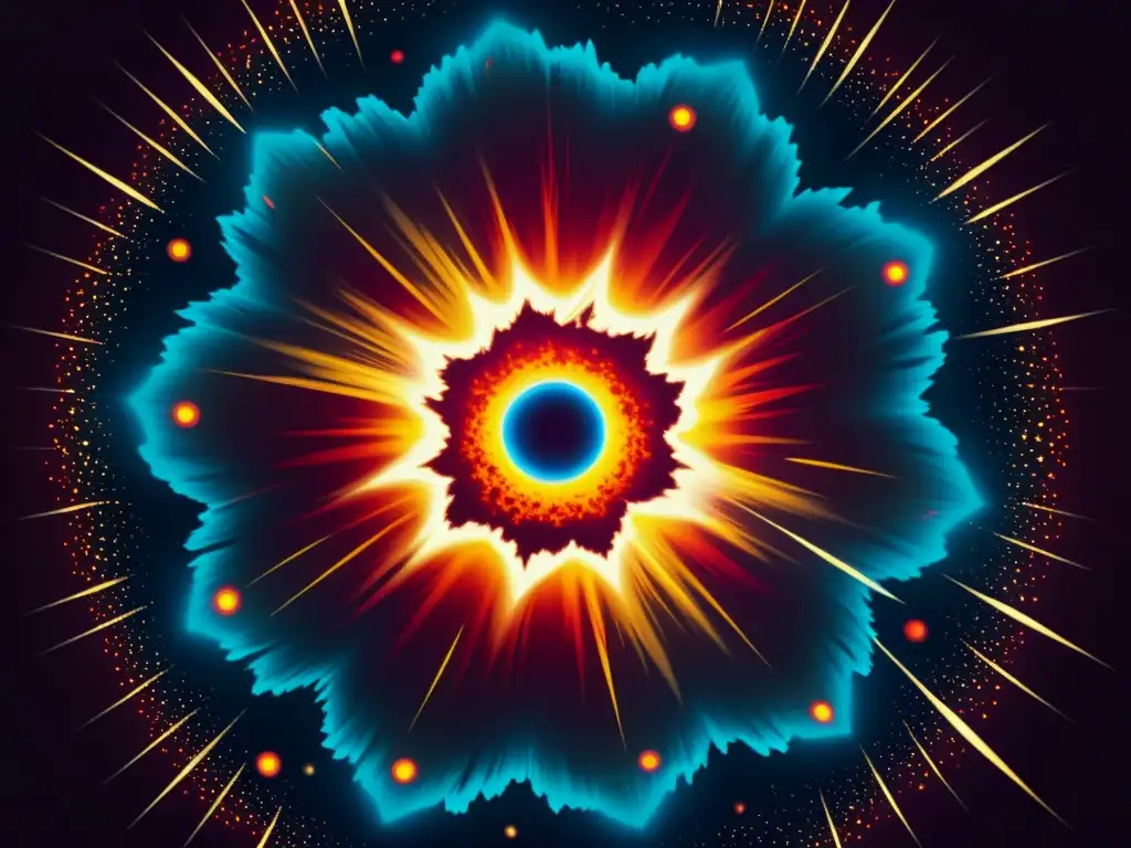 Una ilustración vintage de una explosión de supernova, con detalles intrincados mostrando las capas de la estrella siendo expulsadas violentamente al espacio, creando un impresionante y caótico despliegue de color y energía