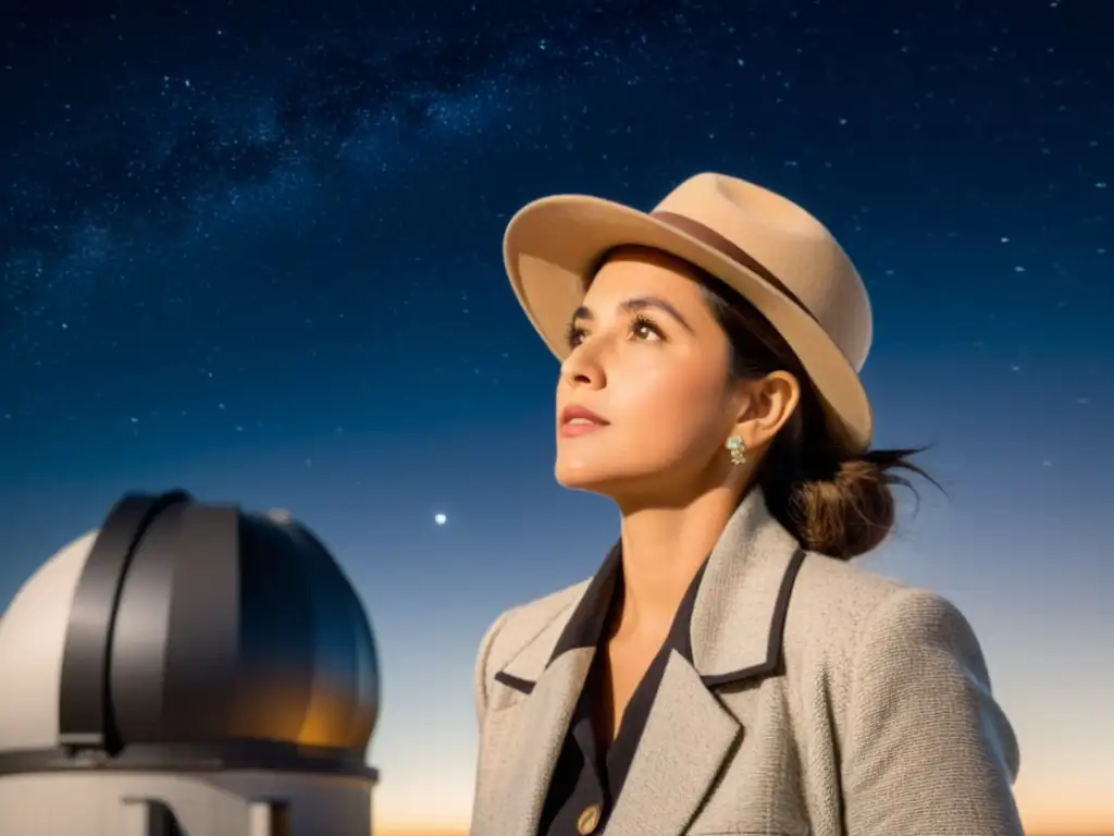 Sara Ortiz, con expresión determinada, observa el cielo nocturno a través de un telescopio, capturando el rol de la mujer en astronomía