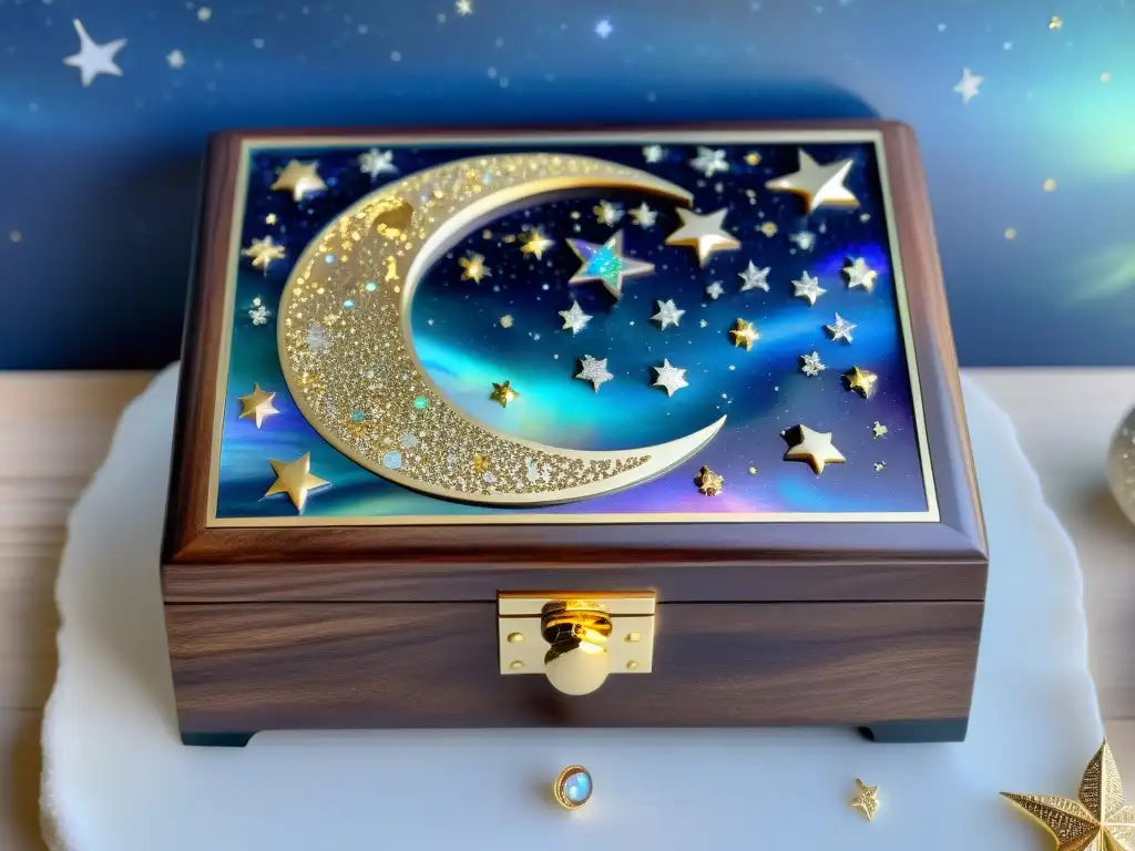 Exquisita caja de joyería de madera con temática celestial, ornamentada con detalles de abalone y filigrana de latón