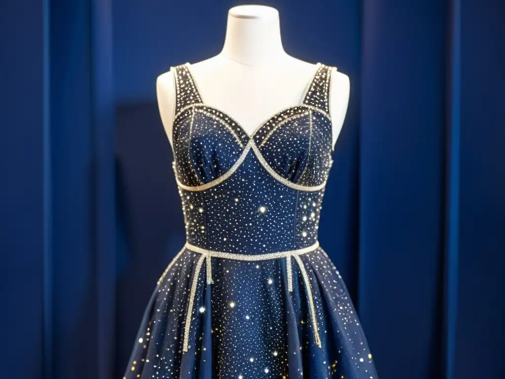 Una exquisita prenda inspirada en constelaciones cobra vida en un elegante maniquí, destacando sus detalles celestiales en un fondo azul estrellado