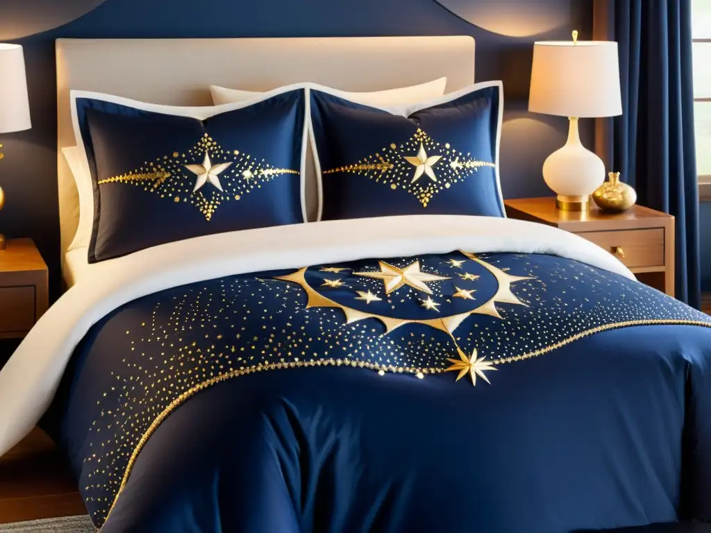 Una exquisita ropa de cama inspirada en constelaciones, con bordados intrincados en tonos índigo, azul medianoche y dorado brillante