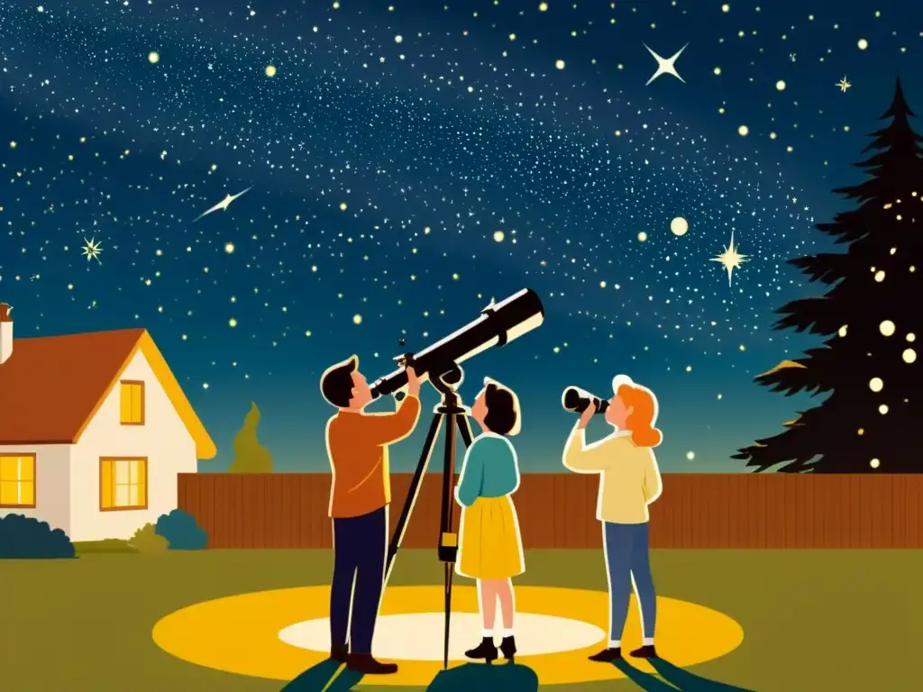 Una ilustración vintage de una familia observando el cielo nocturno a través de un telescopio en su patio trasero