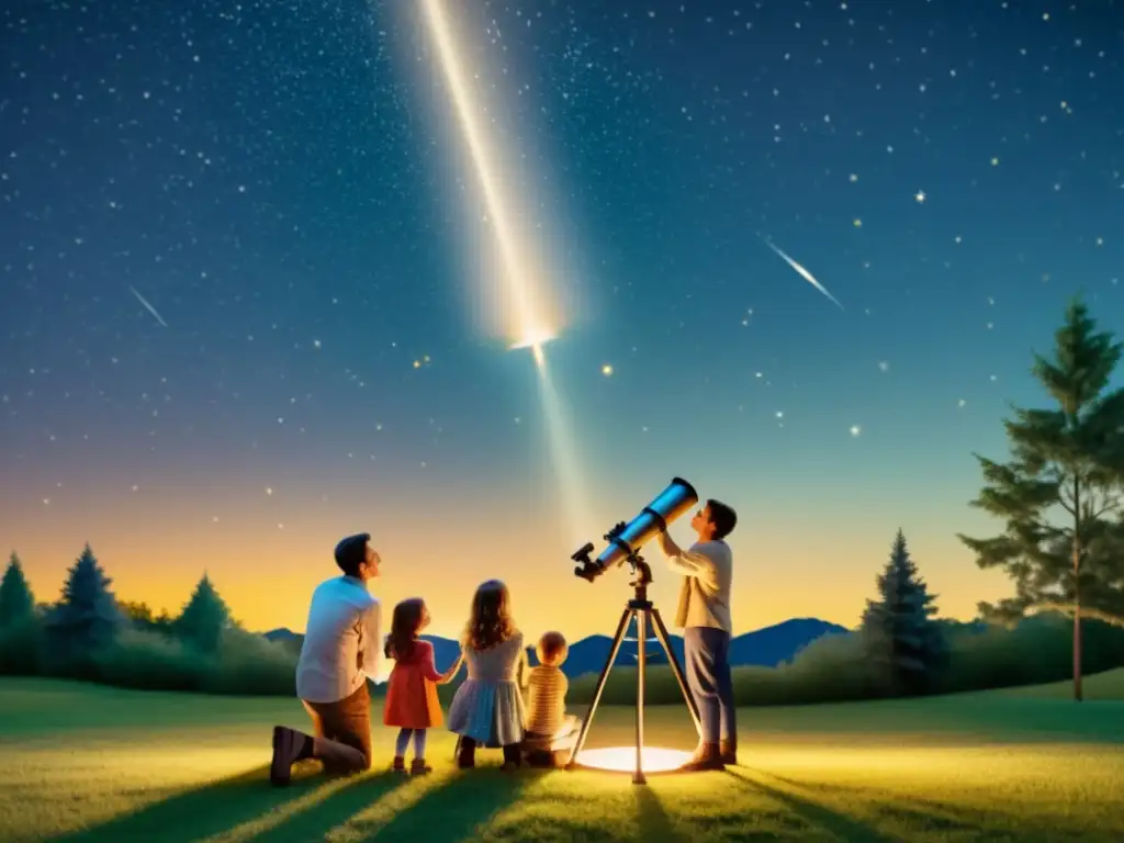 Una familia emocionada observa el cielo estrellado a través de un telescopio en su patio trasero, con la palabra clave 'Tendencias observación astronómica doméstica'