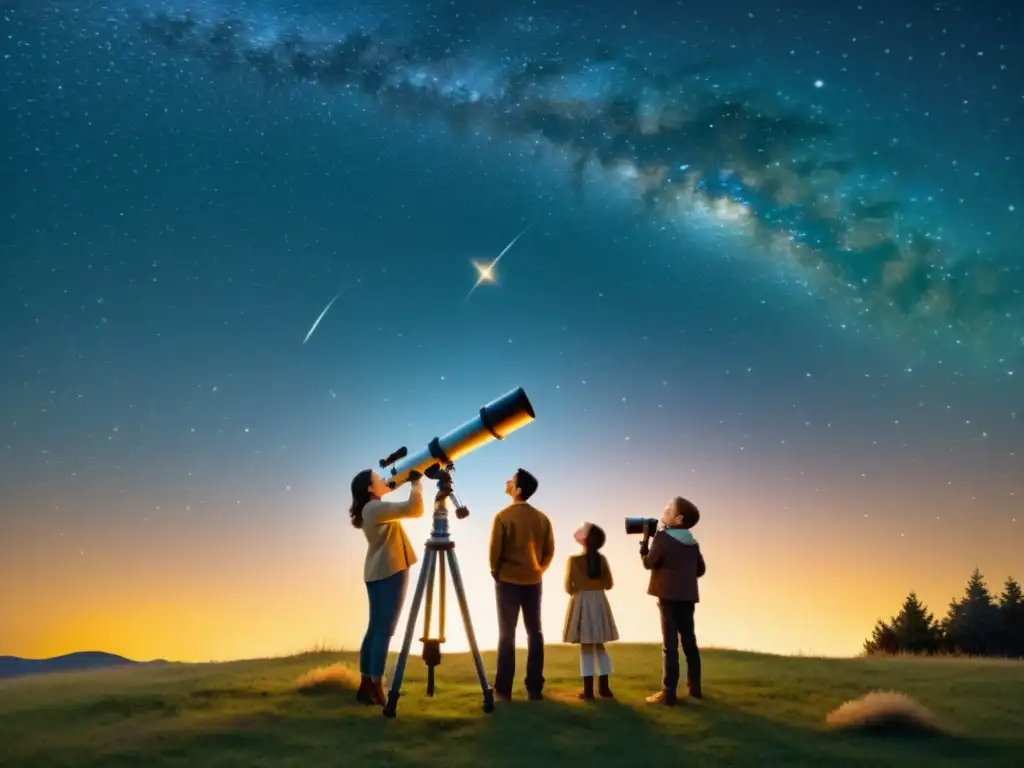 Una familia observa las estrellas con asombro en un taller de observación astronómica para familias bajo un cielo estrellado