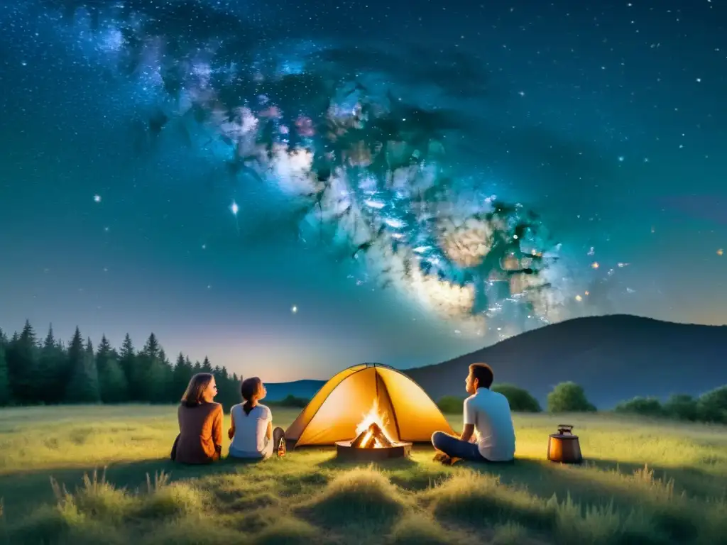 Una familia observa las estrellas juntos en un campo al atardecer, con una galaxia lejana como telón de fondo