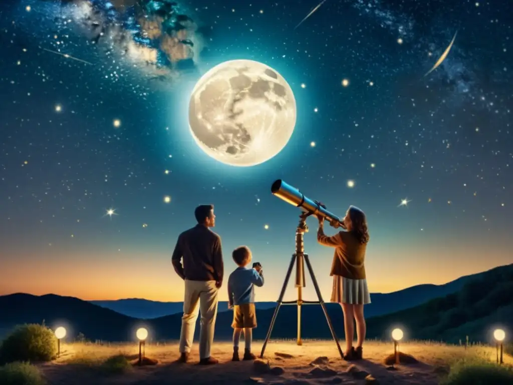 Una familia observa las estrellas con un telescopio en un ambiente cálido y nostálgico