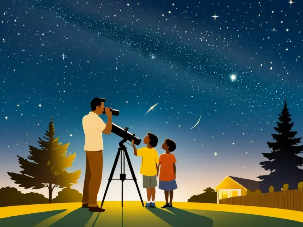 Una ilustración vintage de una familia observando las estrellas con un telescopio en su patio trasero