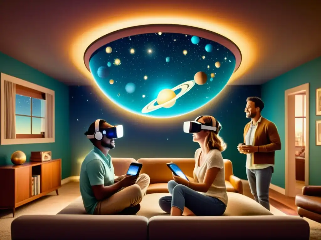 Una familia maravillada monta un planetario personal de realidad virtual, explorando juntos las maravillas del cosmos desde su hogar