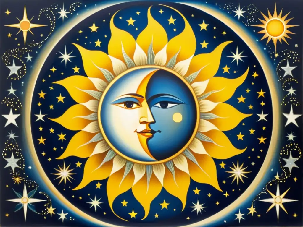 Danza celestial: Sol y Luna en una pintura vintage Una fascinante pintura vintage que muestra el sol y la luna entrelazados en un baile celestial, con detalles intrincados que resaltan la mitología y el simbolismo de estos cuerpos celestes