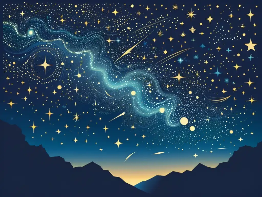 Fascinante ilustración vintage de constelaciones y estrellas en el cielo nocturno