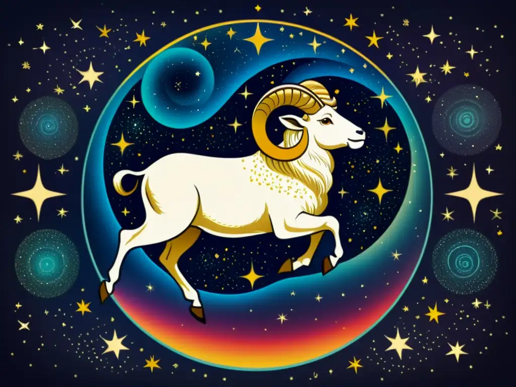 Fascinante ilustración vintage de la constelación de Aries, con sus estrellas detalladas y el símbolo del carnero superpuesto