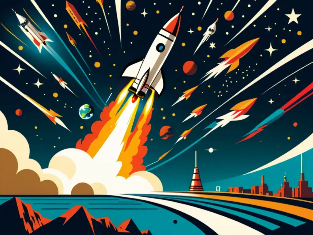 Fascinante ilustración vintage de un lanzamiento espacial hacia Marte, con un bullicioso puerto espacial y detalles del cohete