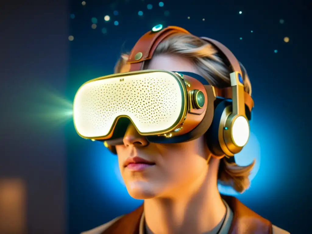 Un fascinante visor de realidad virtual inspirado en lo vintage con constelaciones proyectadas en las lentes, evocando una experiencia inmersiva