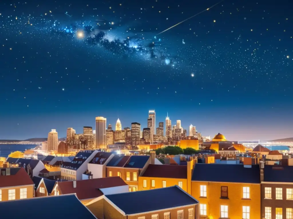 Fascinante vista nocturna de la ciudad con estrellas brillantes