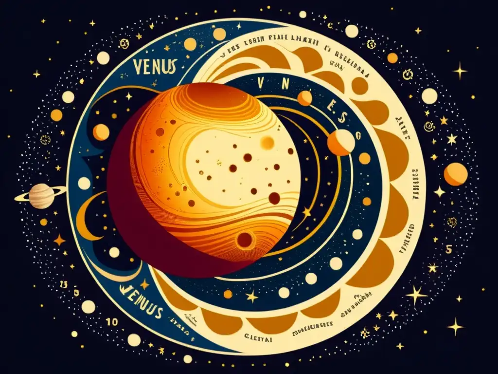 Ilustración vintage de las fases de Venus con detalles intrincados, en un entorno celestial