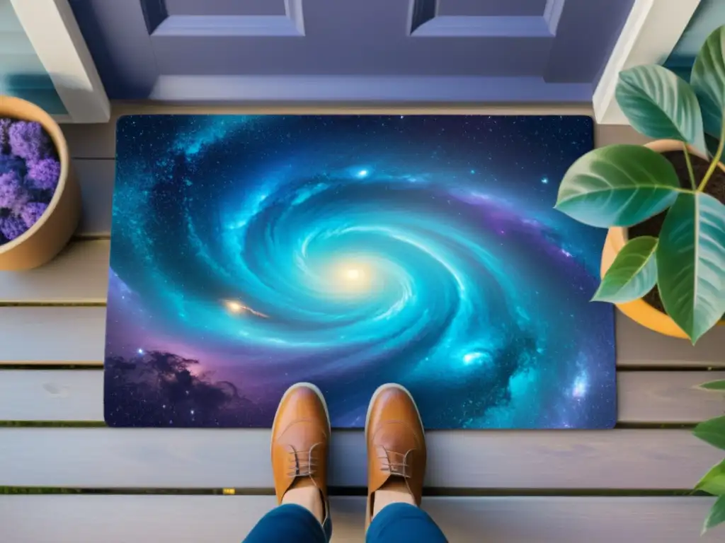 Un felpudo con diseño de galaxia en la entrada de una casa rústica