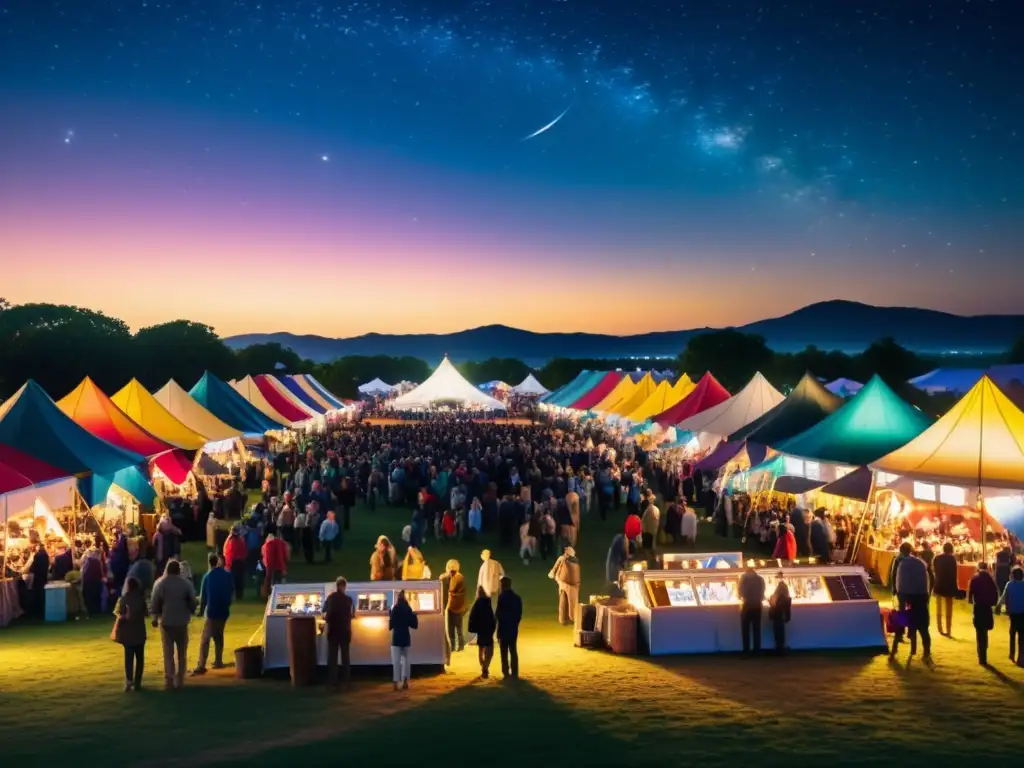 Una feria educativa de astronomía llena de vida, con coloridas carpas y actividades bajo un cielo estrellado