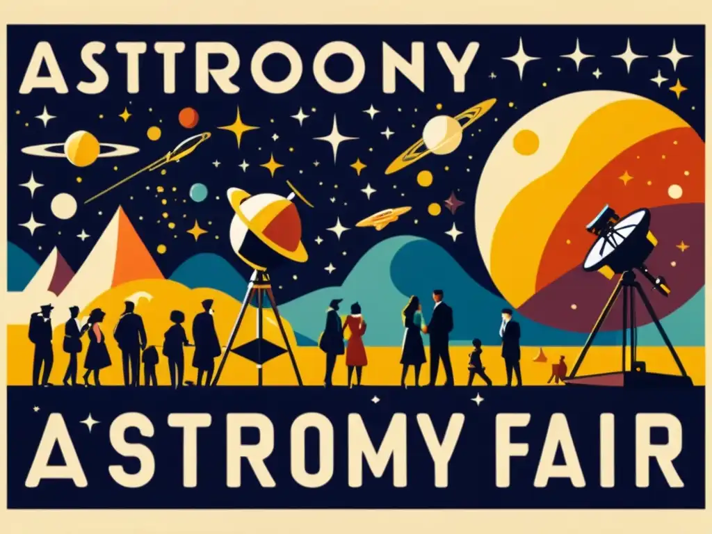 Preparación para ferias de astronomía: Un cartel vintage muestra una feria astronómica animada con visitantes explorando exhibiciones interactivas, asistiendo a conferencias informativas y observando las estrellas a través de telescopios