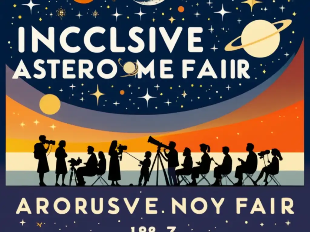 Ferias de astronomía inclusivas: Cartel vintage de feria astronómica con diversidad de personas bajo un cielo estrellado, ambiente cálido y acogedor