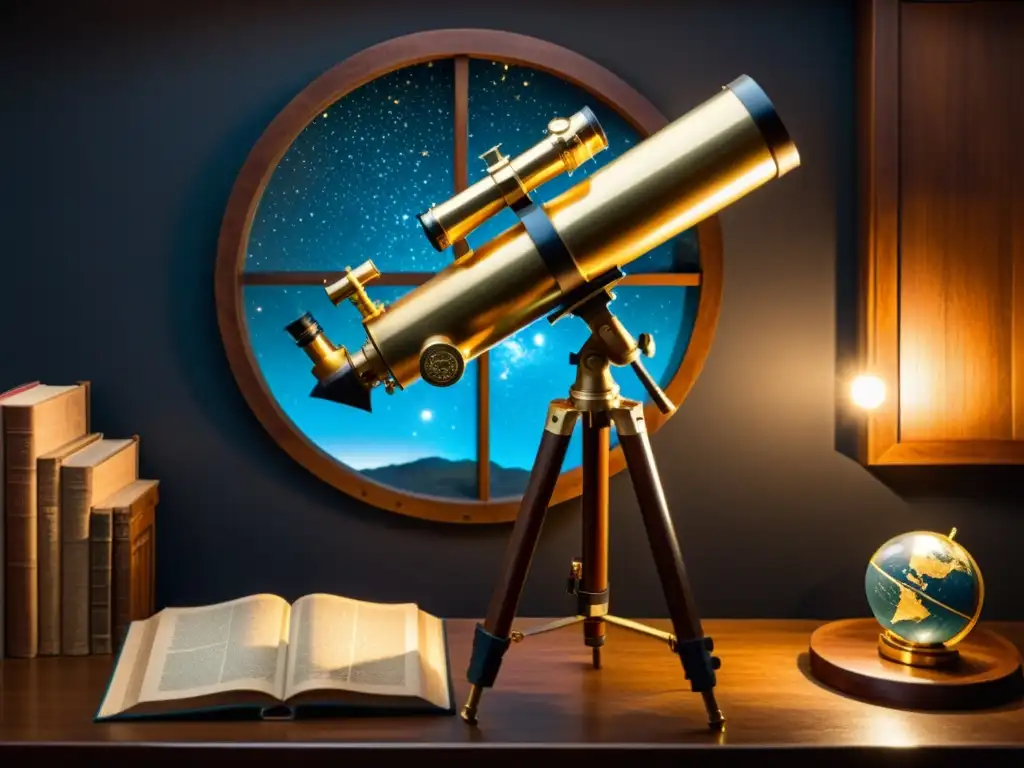 Preparación para ferias astronomía: Telescopio vintage en ambiente nostálgico, iluminado por luz de luna, rodeado de libros y mapas estelares