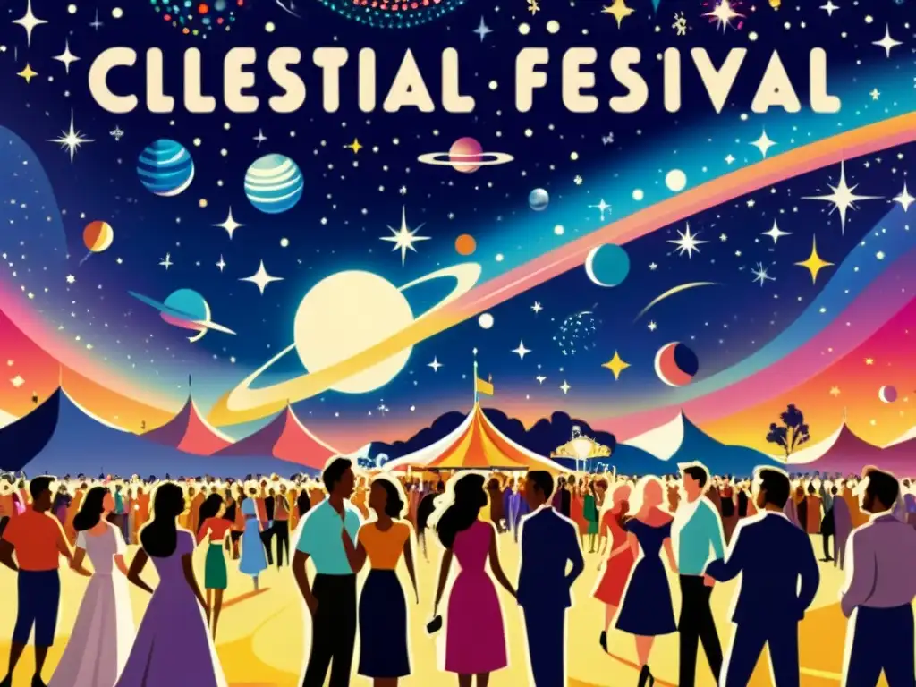 Un festival celestial con gente bailando bajo un cielo estrellado, planetas y constelaciones girando, luces parpadeantes y decoraciones cósmicas