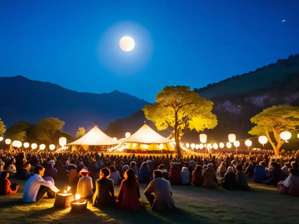 Un festival inspirado por la Luna Azul en una noche mística, con luces brillantes y música tradicional bajo el cielo azul