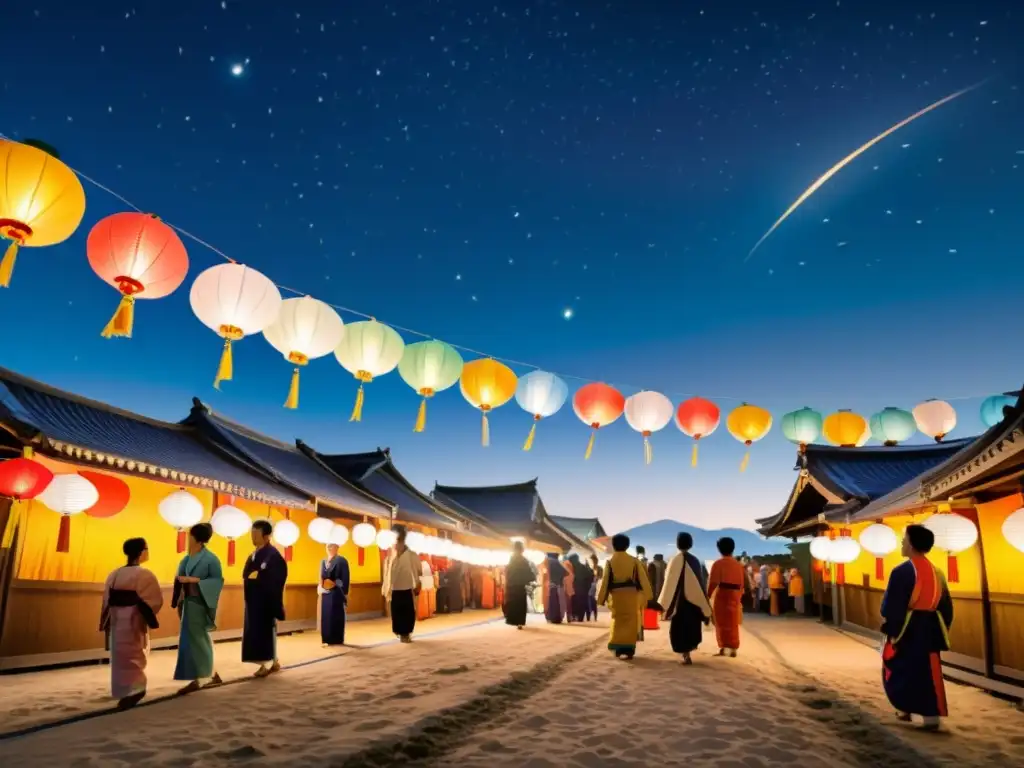 Un festival japonés tradicional con cometas en el cielo nocturno, reflejando la significado cometas tradición japonesa