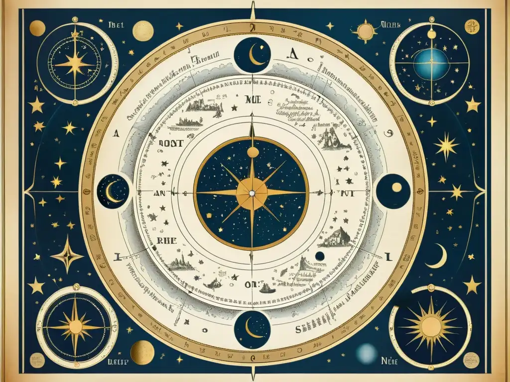 Fichas educativas estrellas constelaciones aula - Antiguo mapa celestial con ilustraciones detalladas de constelaciones en pergamino envejecido, evocando nostalgia y exploración académica