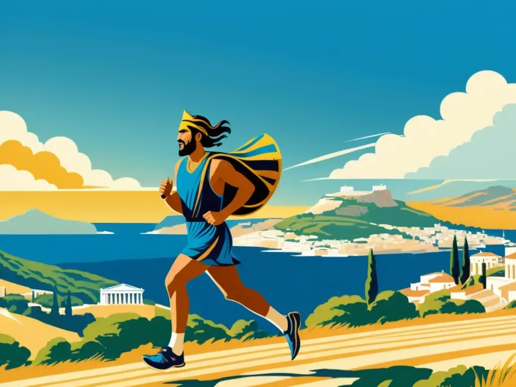 Una ilustración vintage de Fidípides corriendo de Maratón a Atenas, con un paisaje bañado por el sol