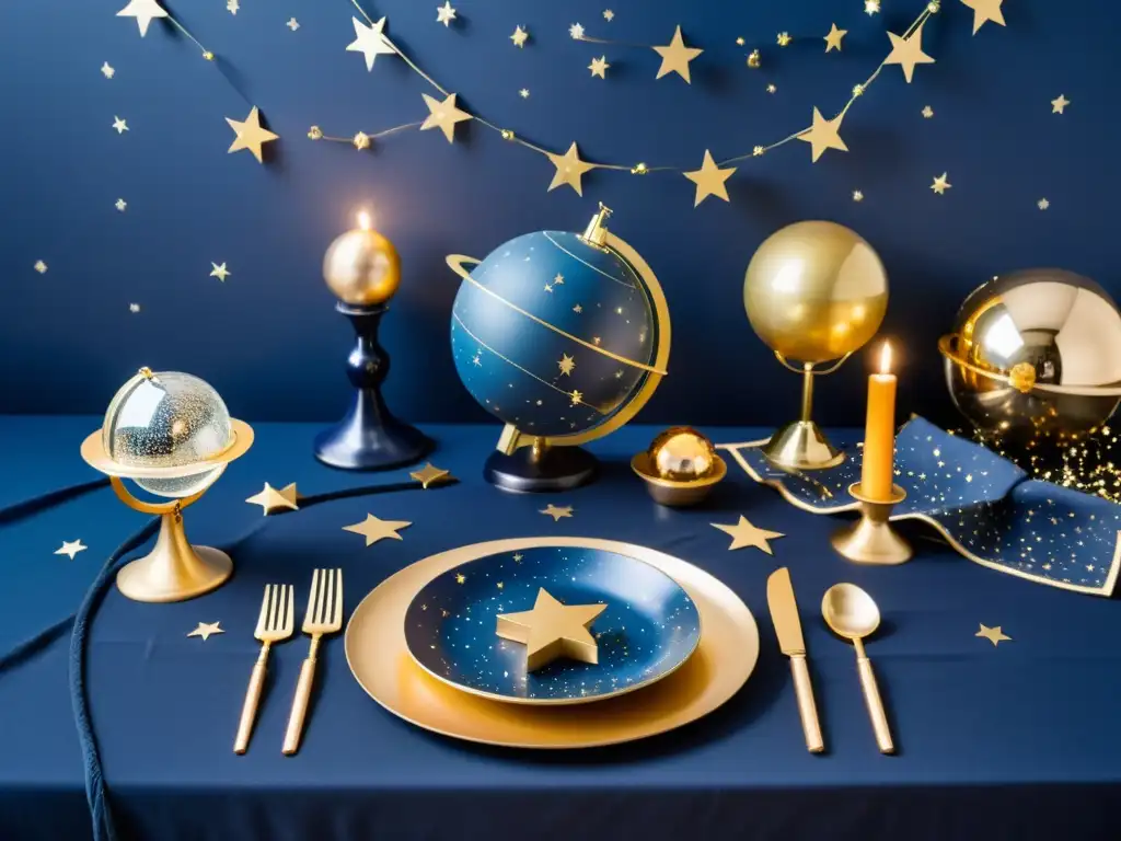 Decoración de fiesta con constelaciones: mesa vintage adornada con motivos celestiales y elegancia antigua