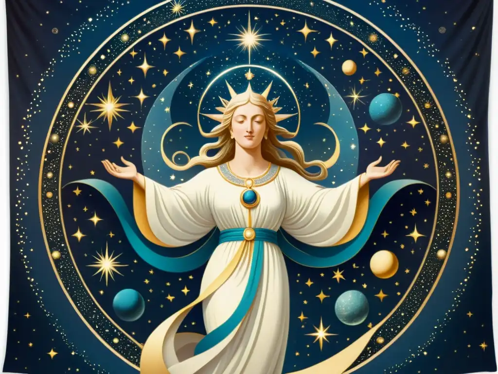 Figura celestial con detalles mitológicos y conexión cósmica en ilustración de la serie ilustraciones mitología estelar detallada